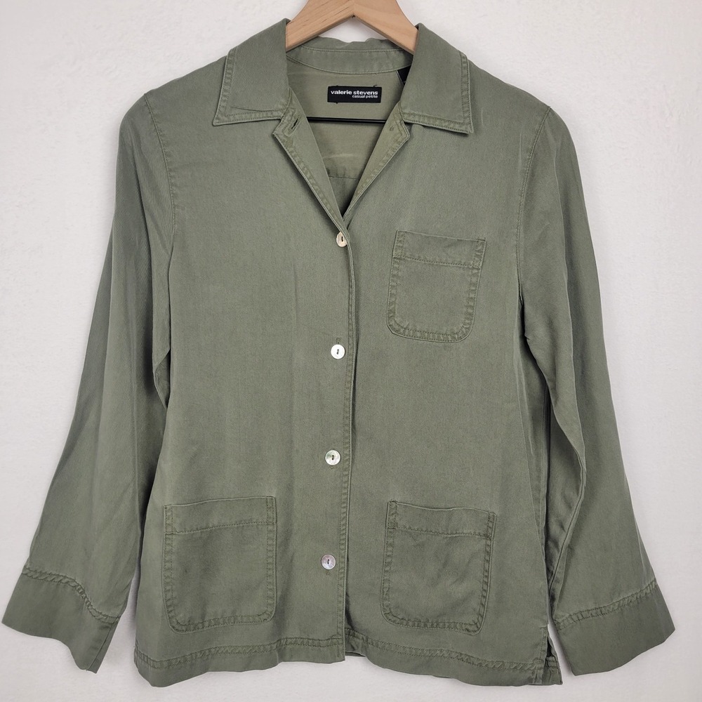 Vtg 90s Valerie Stevens Tencel Lyocell Utility Jacket Olive Green Sage Petite S